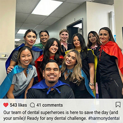 The friendly Pure Santa Ana Dentist team dressed up in creative costumes, celebrating together at our office Halloween party
